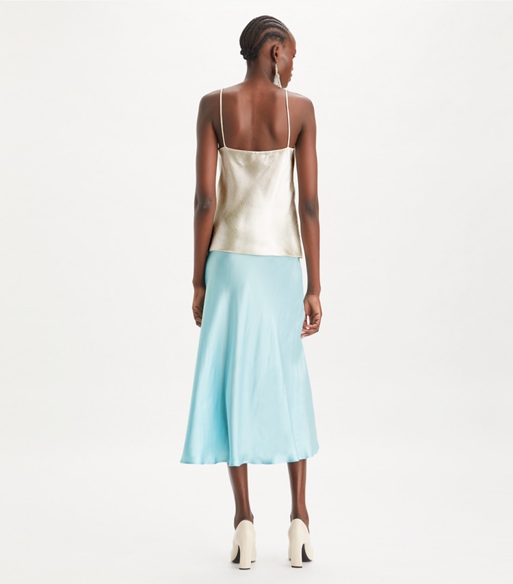 Tory Burch designer bottoms Satin Skirt in Blue Celeste on model back
