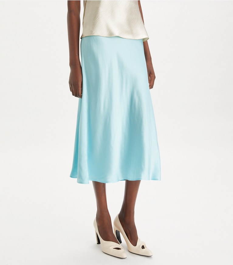Tory Burch designer bottoms Satin Skirt in Blue Celeste front