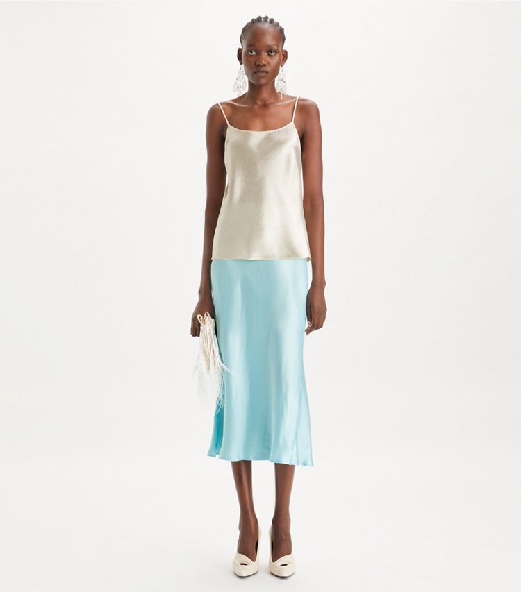 Tory Burch designer bottoms Satin Skirt in Blue Celeste on model front