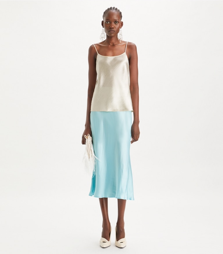 Tory Burch designer bottoms Satin Skirt in Blue Celeste front