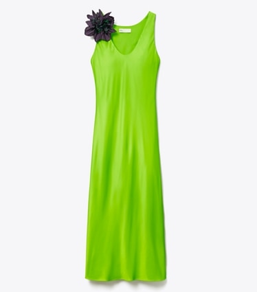 Tory Burch designer dresses Satin Slip Dress in Vivid Lime front