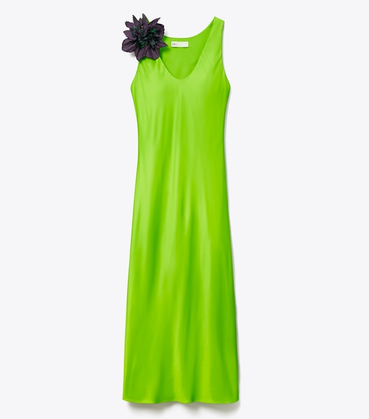 Tory Burch designer dresses Satin Slip Dress in Vivid Lime front