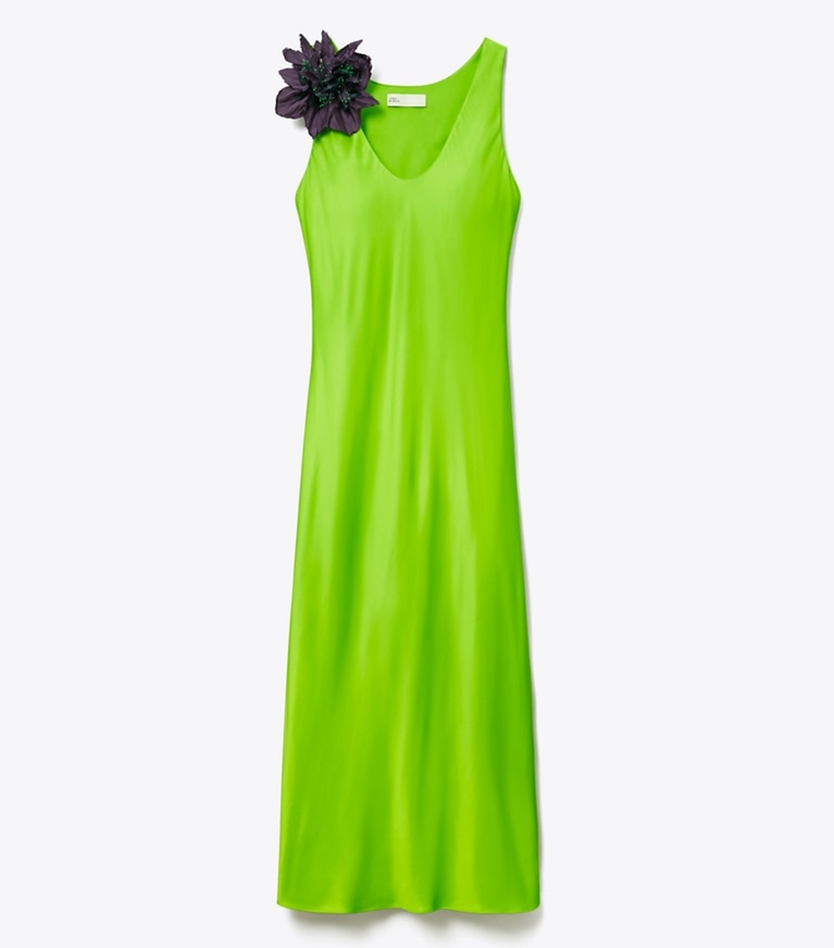 Tory Burch designer dresses Satin Slip Dress in Vivid Lime front