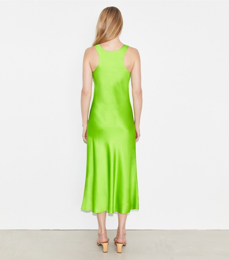 Tory Burch designer dresses Satin Slip Dress in Vivid Lime on model back
