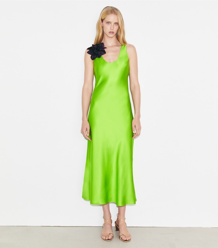 Tory Burch designer dresses Satin Slip Dress in Vivid Lime on model front