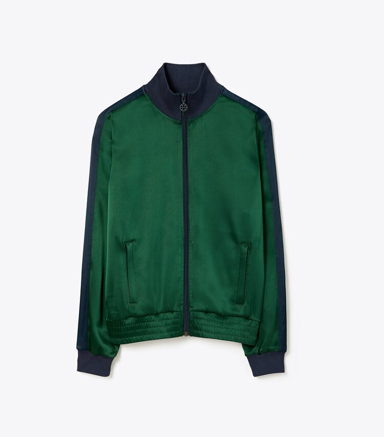 Tory Sport designer jackets Satin Track Jacket in Conifer/Tory Navy front