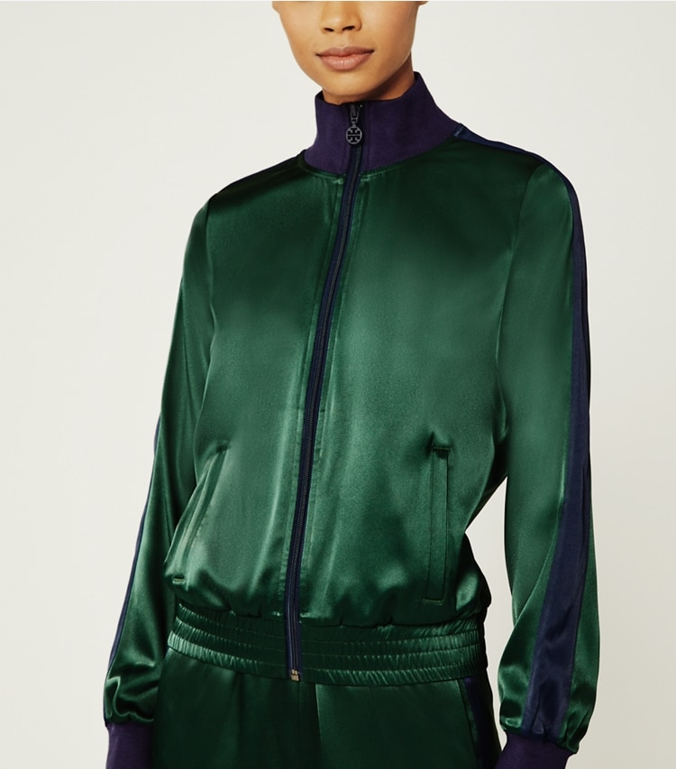 Tory Sport designer jackets Satin Track Jacket in Conifer/Tory Navy on model detail