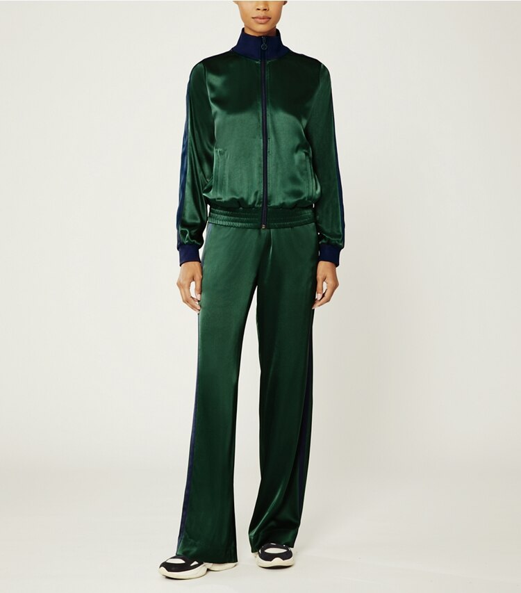 Tory Sport designer jackets Satin Track Jacket in Conifer/Tory Navy on model front