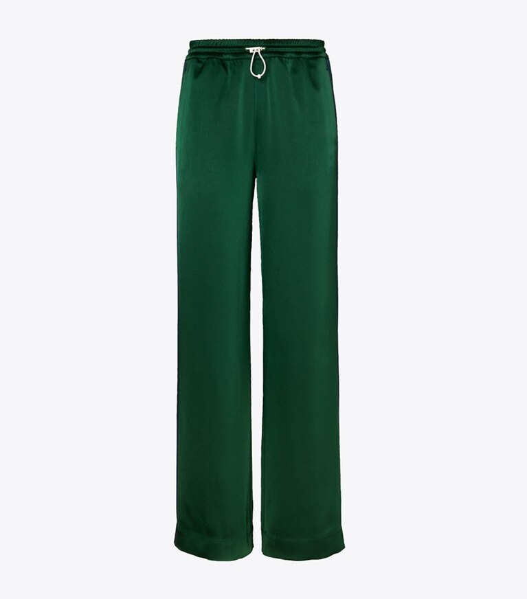 Tory Sport designer bottoms Satin Track Pant in Conifer/Tory Navy front