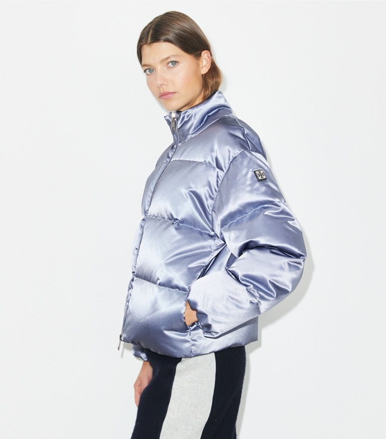 Tory Burch designer coats Satin Viscose Puffer Jacket in Vapor Blue front