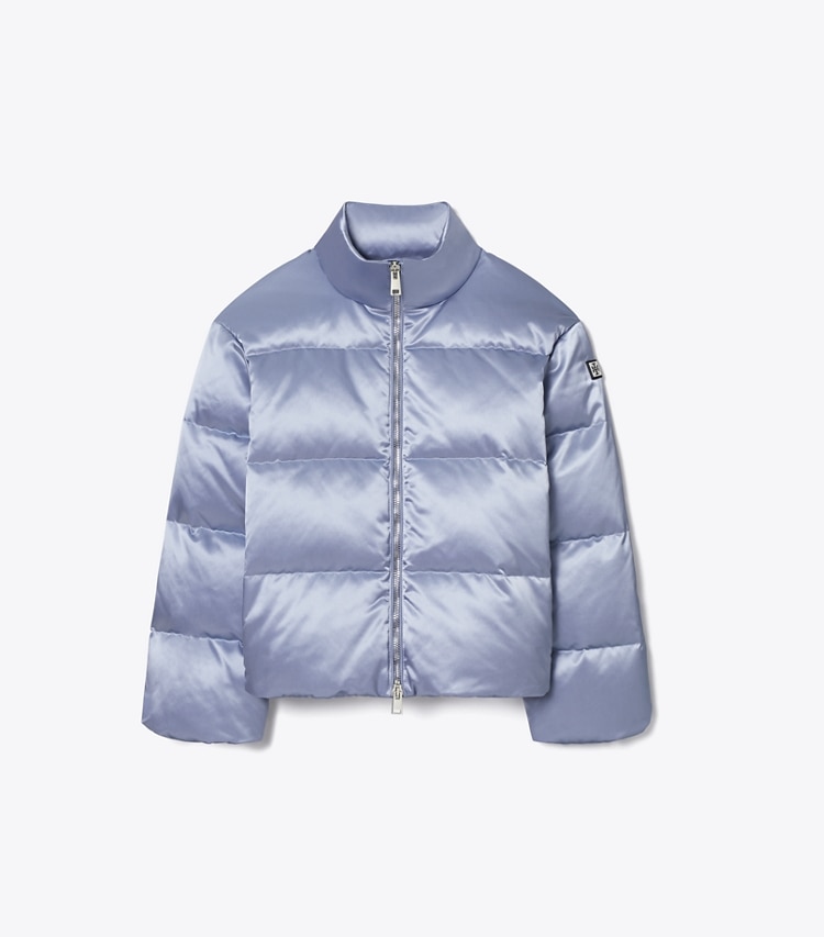 Tory Burch designer coats Satin Viscose Puffer Jacket in Vapor Blue front