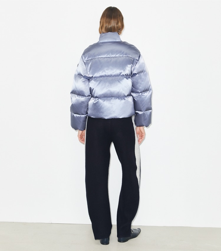 Tory Burch designer coats Satin Viscose Puffer Jacket in Vapor Blue on model back