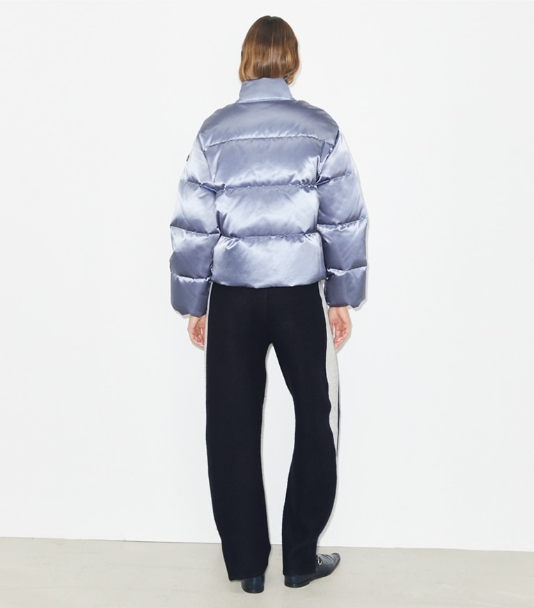 Tory Burch designer coats Satin Viscose Puffer Jacket in Vapor Blue front