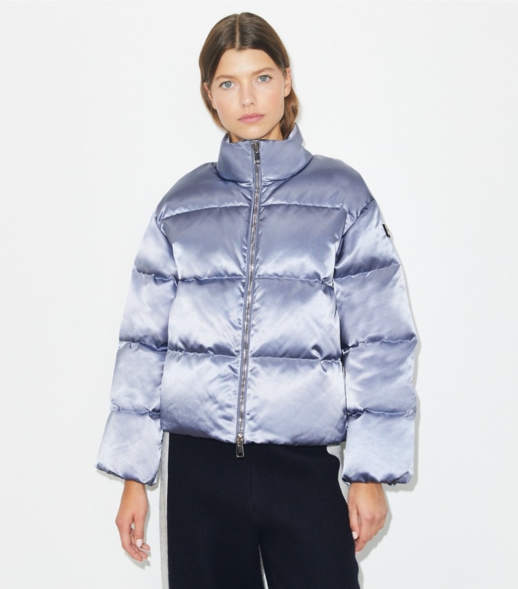 Tory Burch designer coats Satin Viscose Puffer Jacket in Vapor Blue on model detail