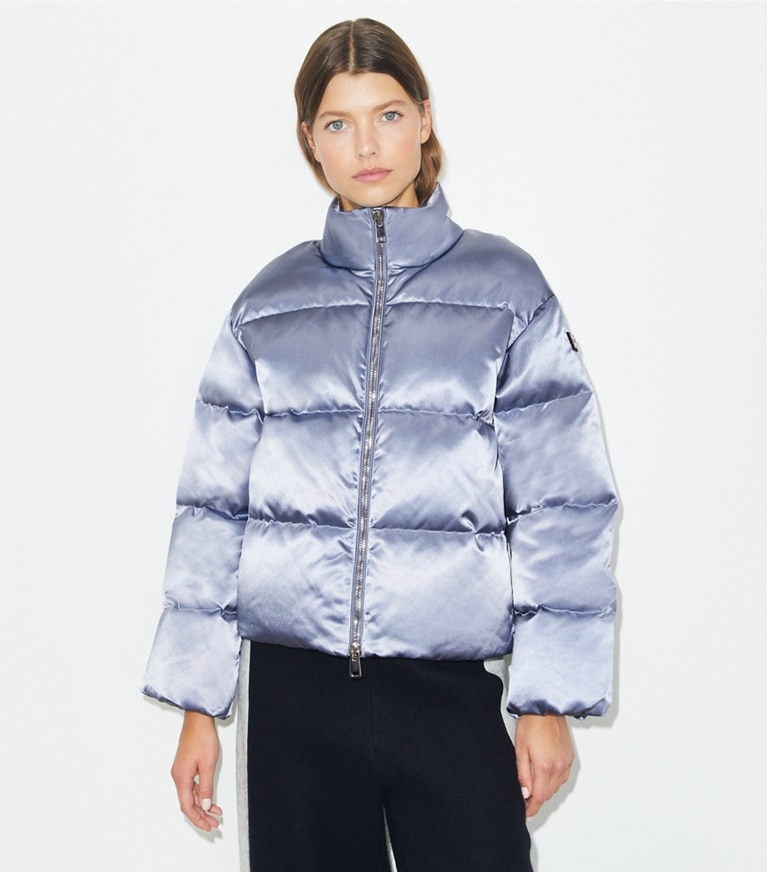 Tory Burch designer coats Satin Viscose Puffer Jacket in Vapor Blue front