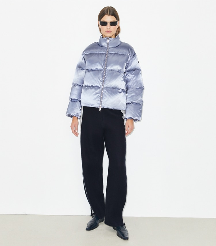 Tory Burch designer coats Satin Viscose Puffer Jacket in Vapor Blue on model front