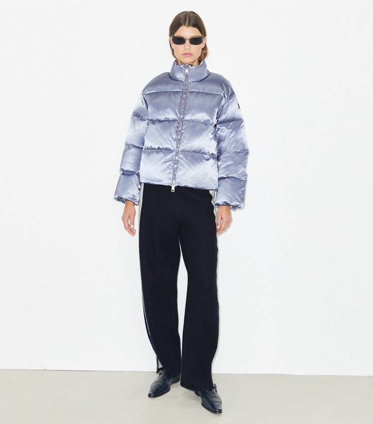 Tory Burch designer coats Satin Viscose Puffer Jacket in Vapor Blue front