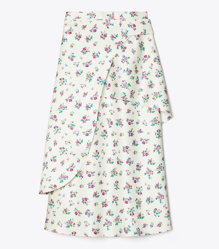 Tory Burch designer bottoms Satin Wrap Skirt in Multi Slip Ditsy front