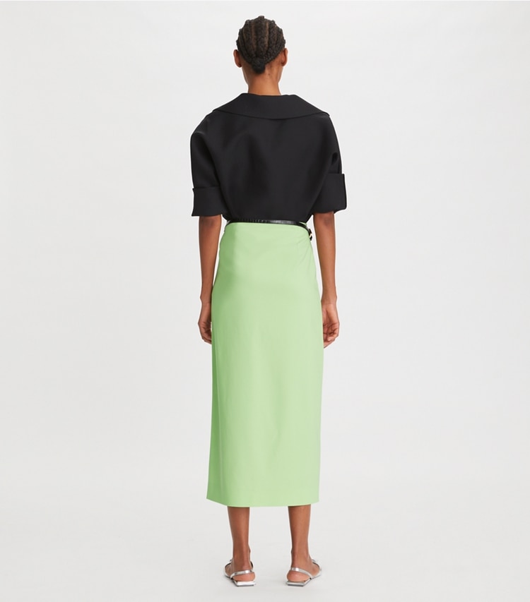 Tory Burch designer bottoms Satin Wrap Skirt in Mint on model back