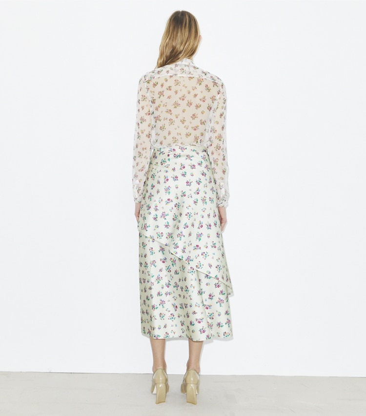 Tory Burch designer bottoms Satin Wrap Skirt in Multi Slip Ditsy on model back