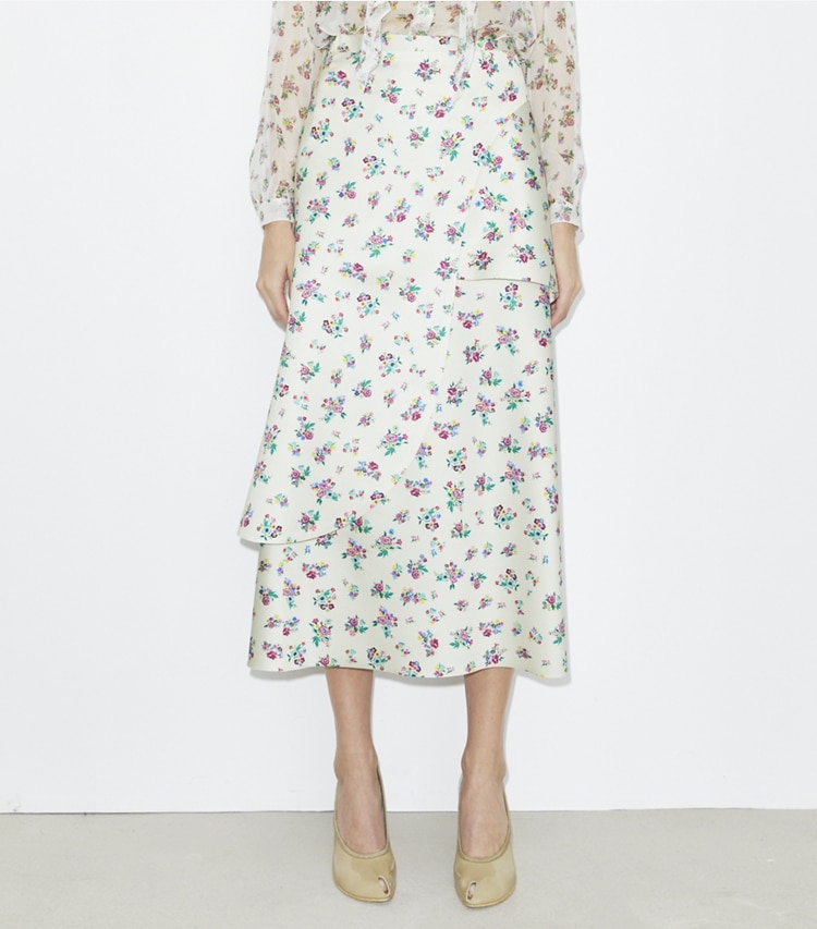 Tory Burch designer bottoms Satin Wrap Skirt in Multi Slip Ditsy on model detail