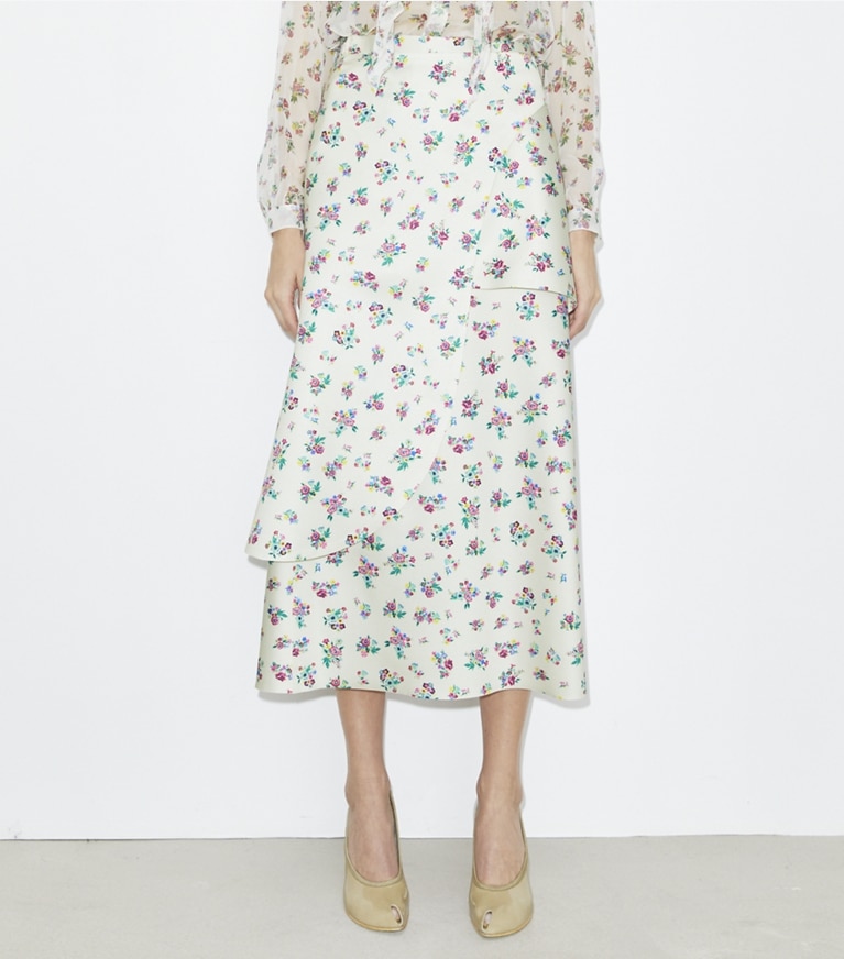 Tory Burch designer bottoms Satin Wrap Skirt in Multi Slip Ditsy front