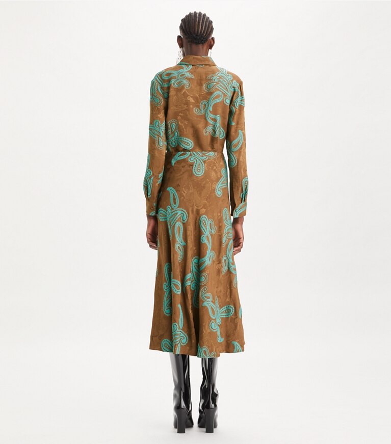 Tory Burch designer oberteile Satinhemd mit Paisleymuster in Aqua Stone/Smoked Peppercorn front