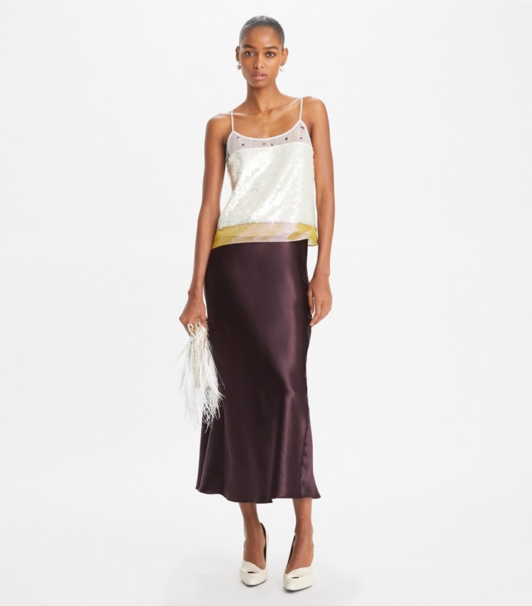 Tory Burch designer unterteile Satinrock in Dark Garnet modell von vorn