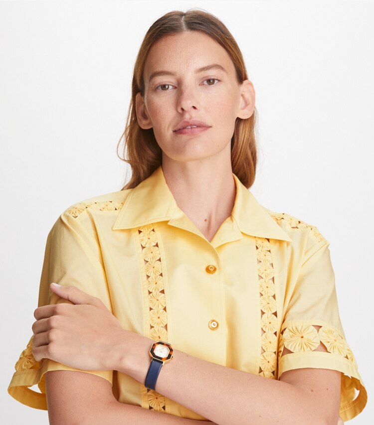 Tory Burch designer strap watches Sawyer Octagonal Watch, Navy Leather/Gold-Tone Stainless Steel, 28 x 32MM  in IVORY/GOLD/TORT/NAVY accessory on model