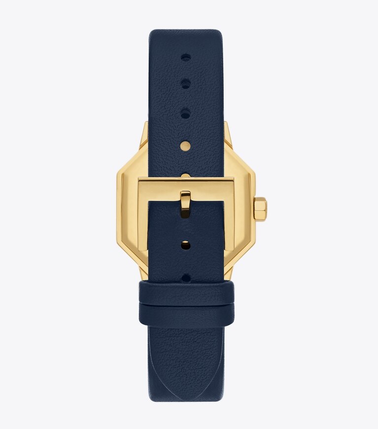 Tory Burch designer strap watches Sawyer Octagonal Watch, Navy Leather/Gold-Tone Stainless Steel, 28 x 32MM  in IVORY/GOLD/TORT/NAVY front