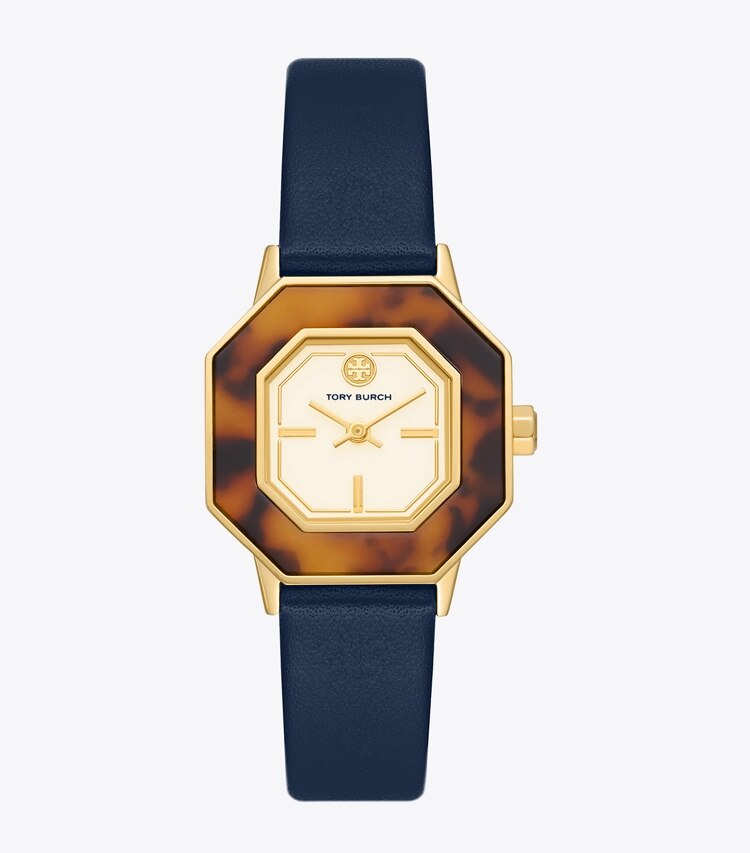 Tory Burch designer strap watches Sawyer Octagonal Watch, Navy Leather/Gold-Tone Stainless Steel, 28 x 32MM  in IVORY/GOLD/TORT/NAVY front