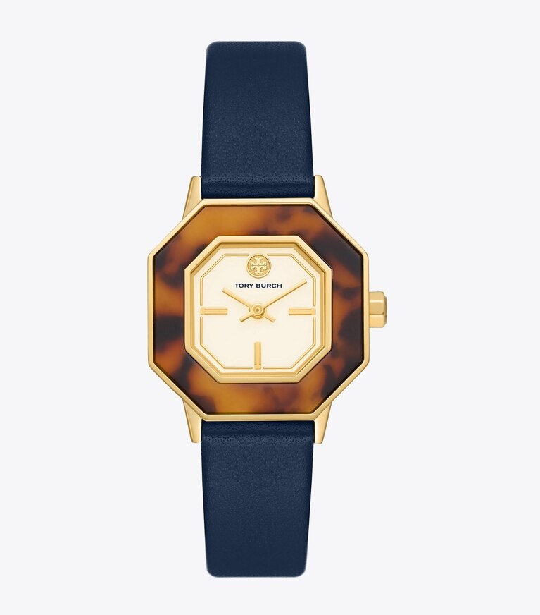 Tory Burch designer strap watches Sawyer Octagonal Watch, Navy Leather/Gold-Tone Stainless Steel, 28 x 32MM  in IVORY/GOLD/TORT/NAVY front