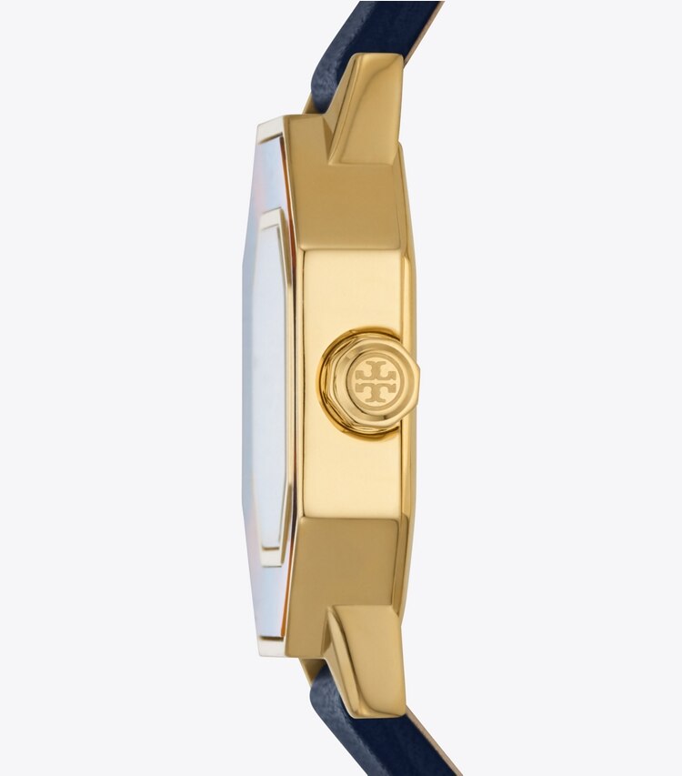Tory Burch designer strap watches Sawyer Octagonal Watch, Navy Leather/Gold-Tone Stainless Steel, 28 x 32MM  in IVORY/GOLD/TORT/NAVY side
