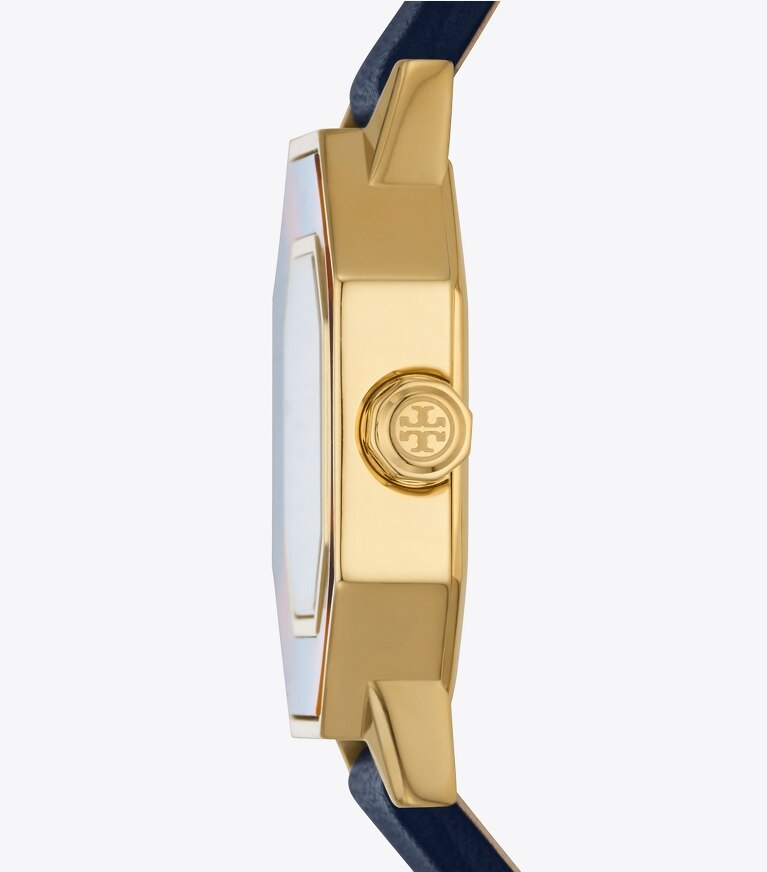 Tory Burch designer strap watches Sawyer Octagonal Watch, Navy Leather/Gold-Tone Stainless Steel, 28 x 32MM  in IVORY/GOLD/TORT/NAVY front