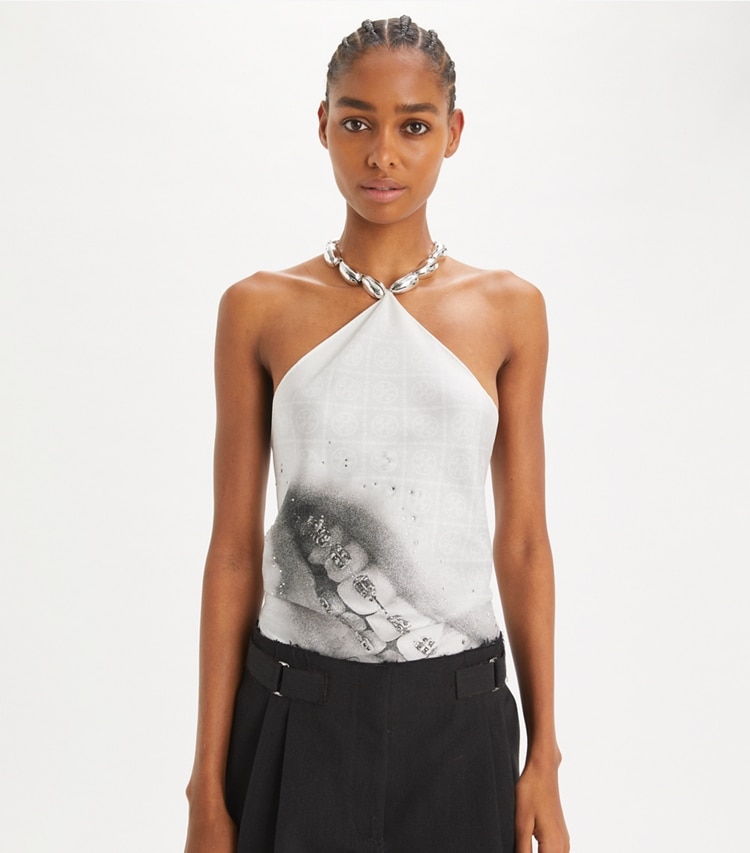 Tory Burch designer scarves Say Cheese Neckerchief in Grey accessory on model