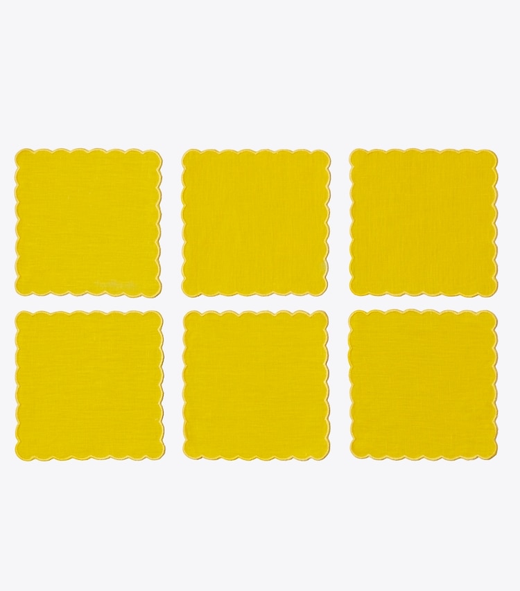 Tory Burch designer linens Scalloped Cocktail Linen Napkin, Set of 6 in Yellow front