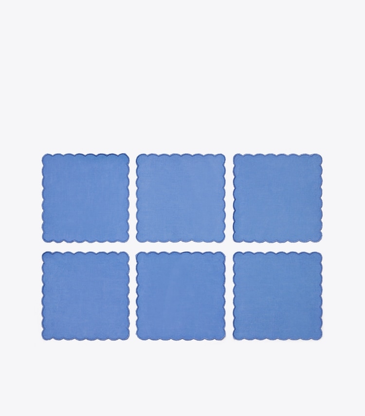 Tory Burch designer linens Scalloped Cocktail Linen Napkin, Set of 6 in High Tide front