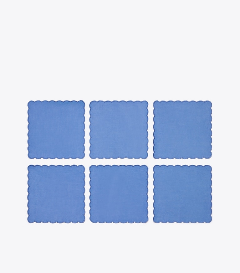 Tory Burch designer linens Scalloped Cocktail Linen Napkin, Set of 6 in High Tide front