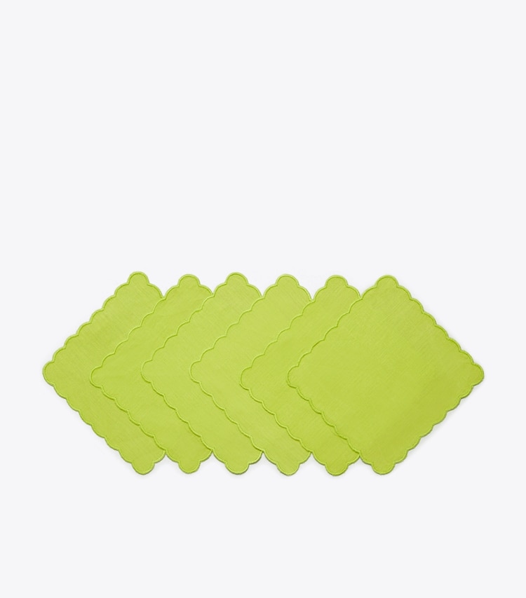 Tory Burch designer linens Scalloped Cocktail Linen Napkin, Set of 6 in Lime group