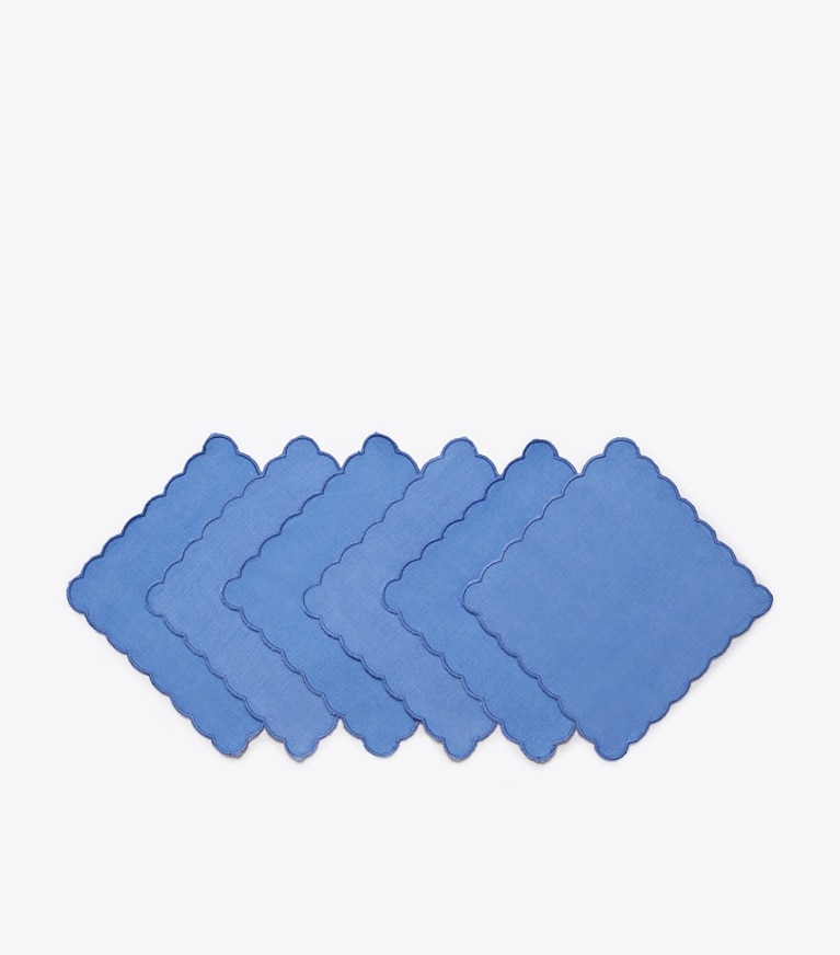 Tory Burch designer linens Scalloped Cocktail Linen Napkin, Set of 6 in High Tide front