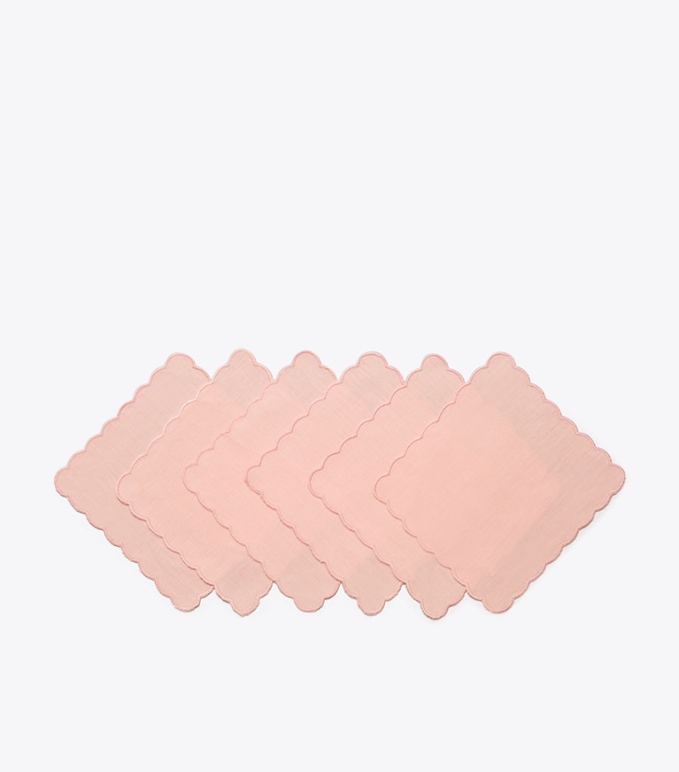 Tory Burch designer linens Scalloped Cocktail Linen Napkin, Set of 6 in Petal Pink group