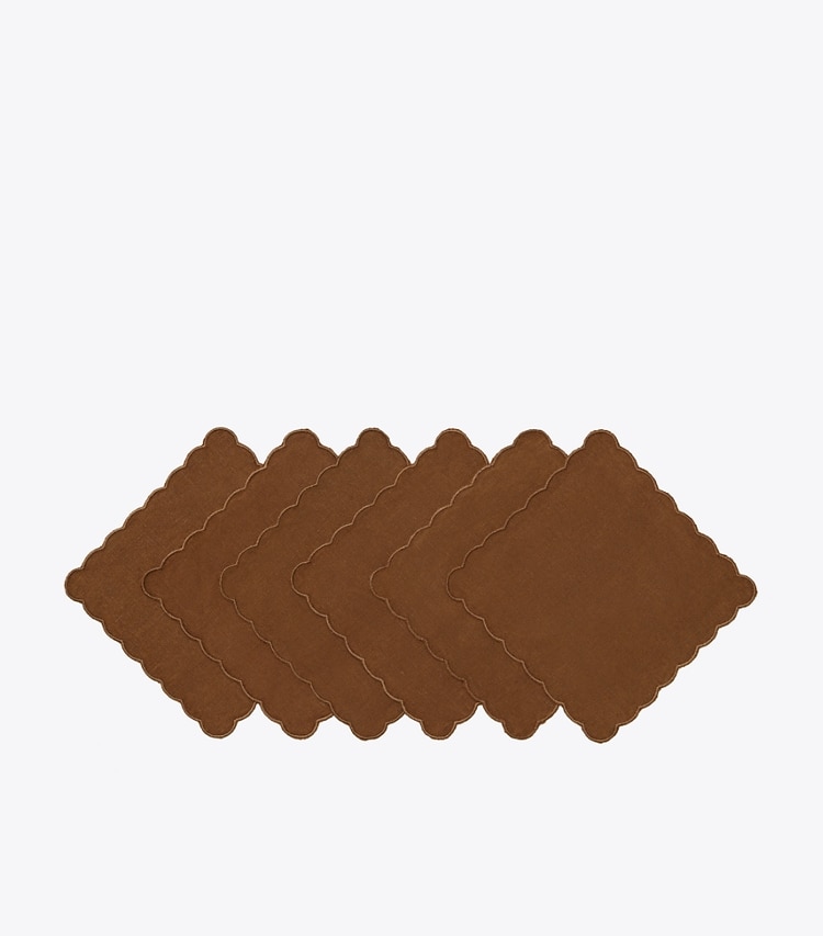 Tory Burch designer linens Scalloped Cocktail Linen Napkin, Set of 6 in Brown group