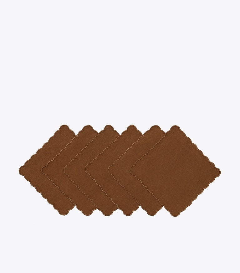 Tory Burch designer linens Scalloped Cocktail Linen Napkin, Set of 6 in Brown front