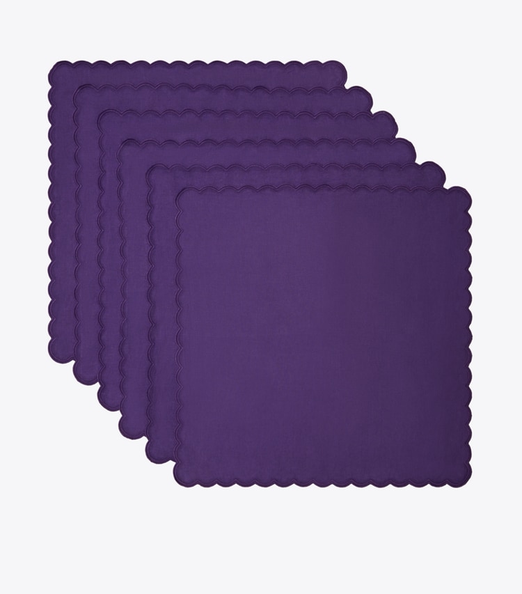 Tory Burch designer linens Scalloped Dinner Linen Napkin, Set of 6 in Dark Purple group