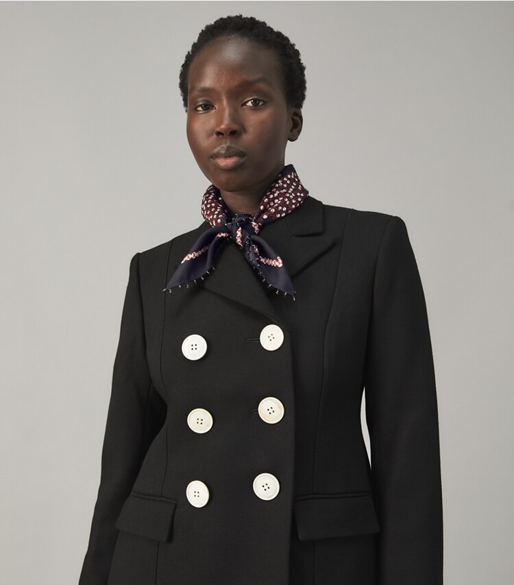 Tory Burch designer scarves Scatter Dot Silk Neckerchief in Tory Navy accessory on model