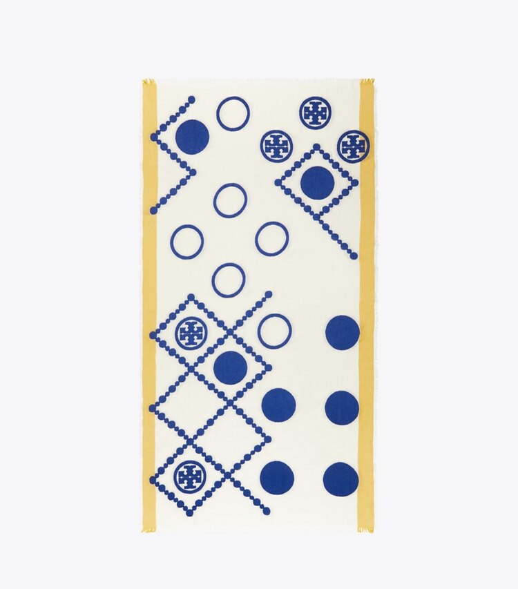 Tory Burch designer scarves Scattered T Monogram Oblong Scarf in Scattered Monogram Blue overhead