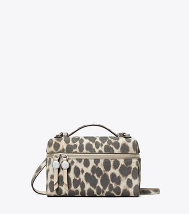 Tory Burch designer kleine taschen Schlanke Romy Handtasche aus Wildleder mit Tragegriff oben in Cheetah Spots front