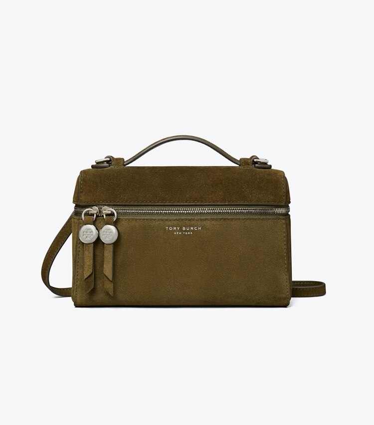 Tory Burch designer crossbody bags Schlanke Romy Handtasche aus Wildleder mit Tragegriff oben in Leccio front