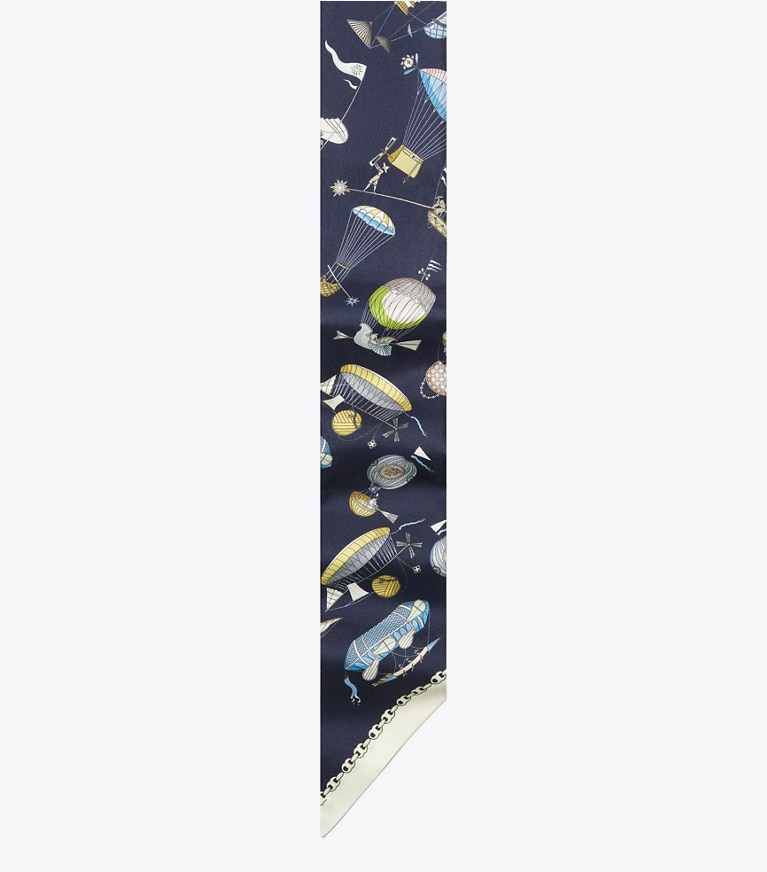 Tory Burch designer schals Schleifenband mit Heißluftballonmotiv in Hot Air Balloon Ribbon Tie Navy detail
