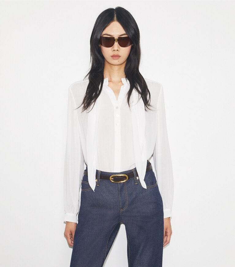 Tory Burch designer oberteile Schluppenbluse aus Georgette in Marshmallow front